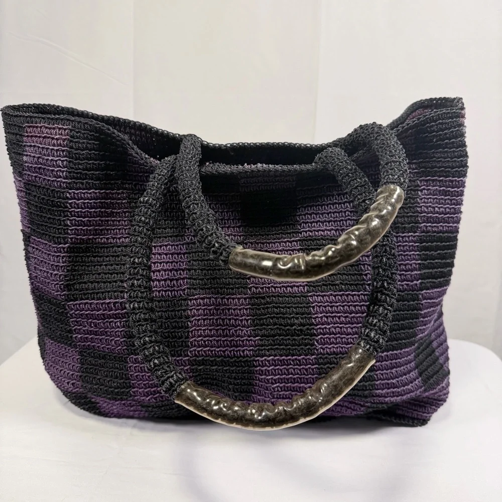 Purple and Black Woven Tote Bag